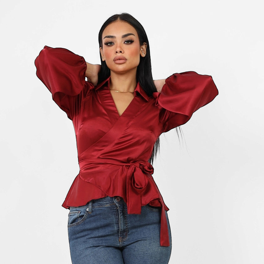 La Reine Collar Wrap Knot Side Satin Blouse Burgundy