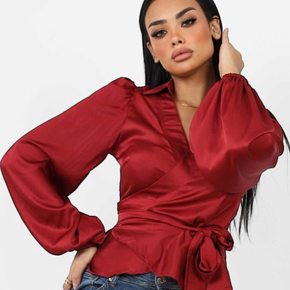 La Reine Collar Wrap Knot Side Satin Blouse Burgundy