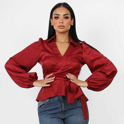 La Reine Collar Wrap Knot Side Satin Blouse Burgundy