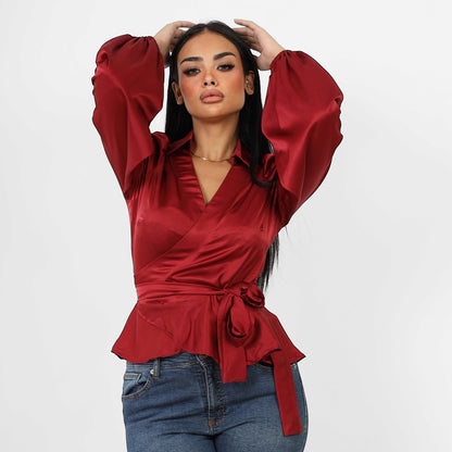 La Reine Collar Wrap Knot Side Satin Blouse Burgundy