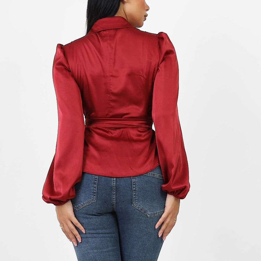 La Reine Collar Wrap Knot Side Satin Blouse Burgundy