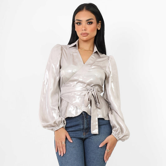 La Reine Collar Wrap Knot Side Satin Shiny Blouse