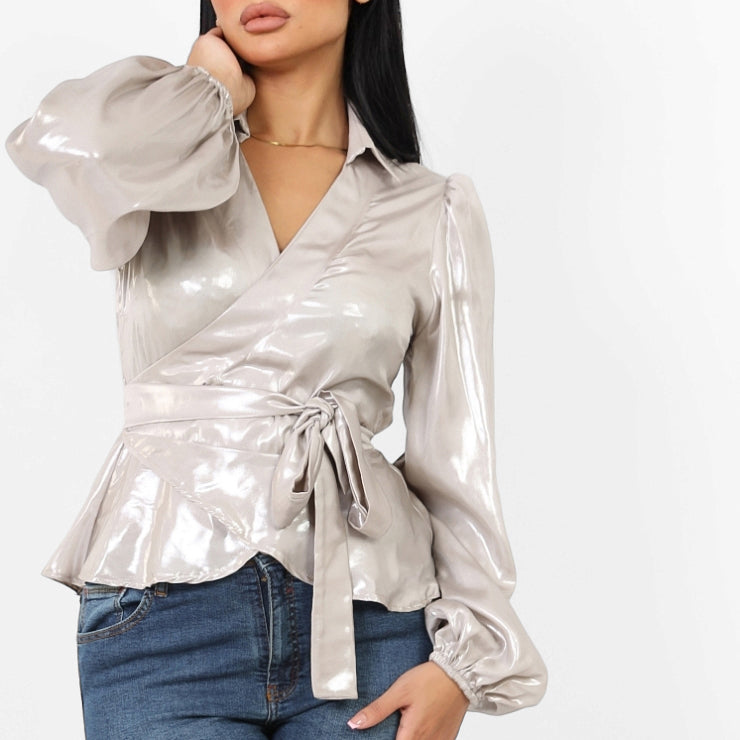 La Reine Collar Wrap Knot Side Satin Shiny Blouse