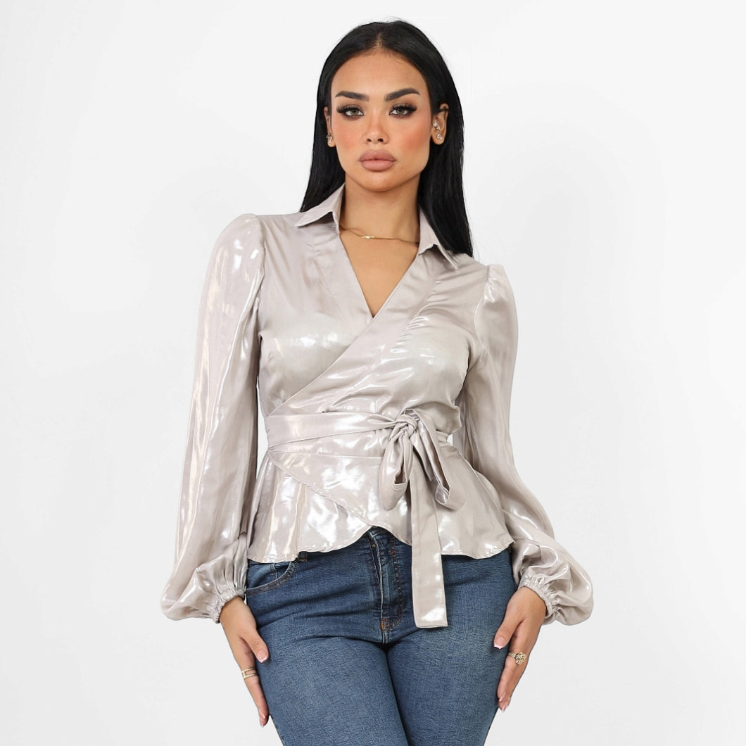 La Reine Collar Wrap Knot Side Satin Shiny Blouse