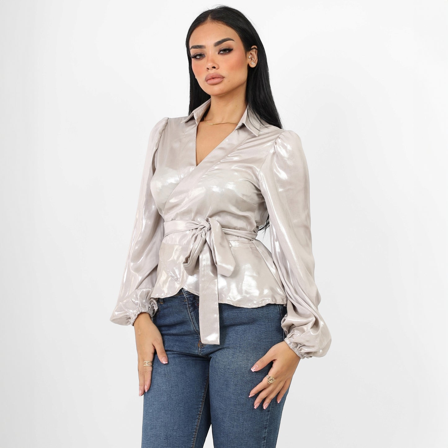 La Reine Collar Wrap Knot Side Satin Shiny Blouse