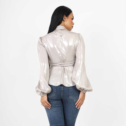 La Reine Collar Wrap Knot Side Satin Shiny Blouse