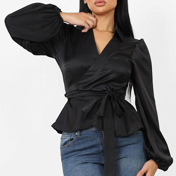 La Reine Collar Wrap Knot Side Satin Blouse Black