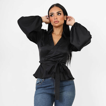 La Reine Collar Wrap Knot Side Satin Blouse Black