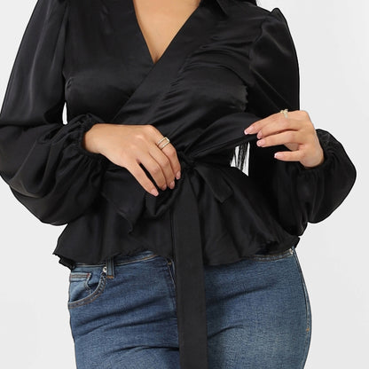 La Reine Collar Wrap Knot Side Satin Blouse Black