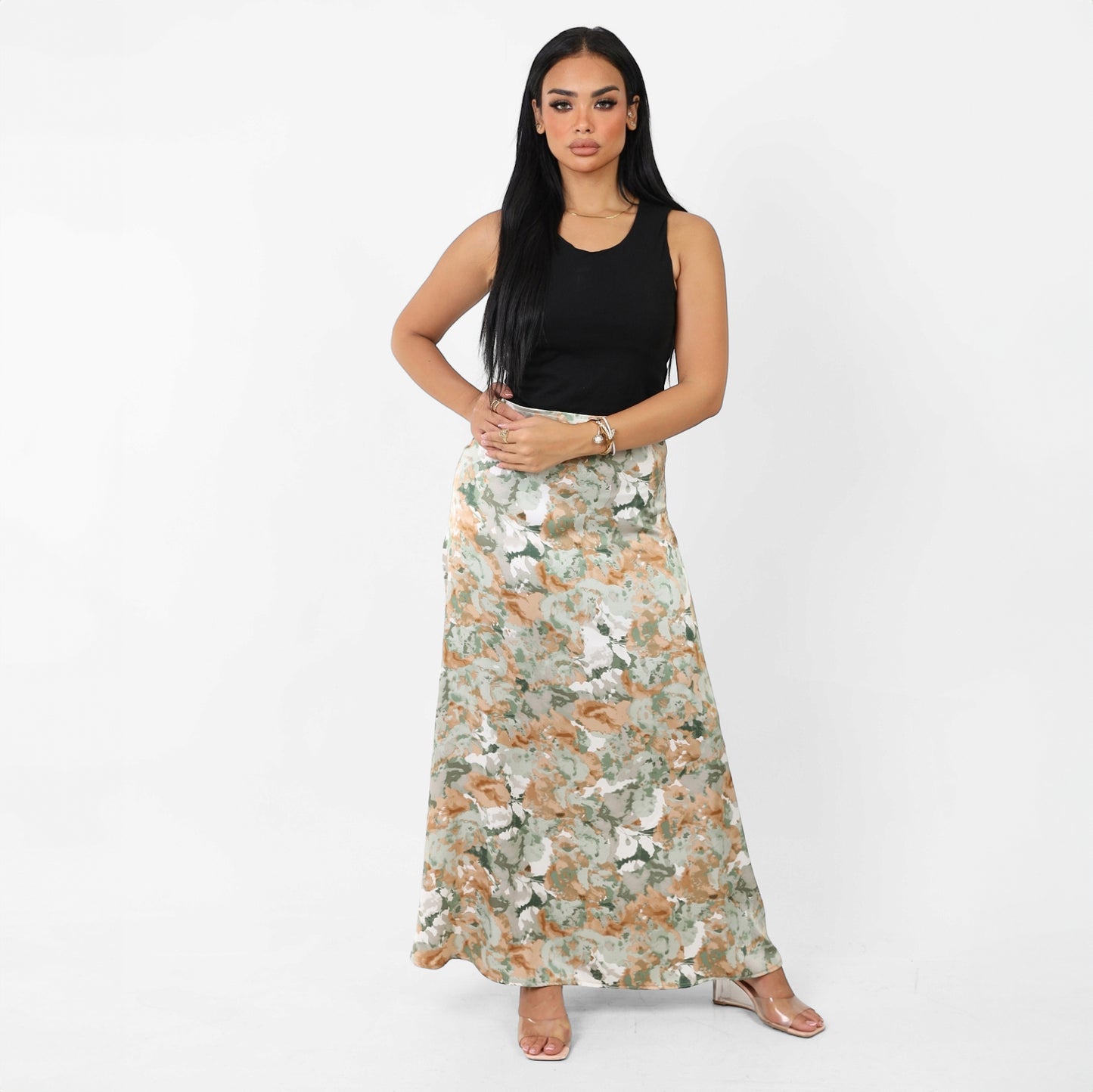 La Reine Printed Classic Satin A-Line Maxi Skirt