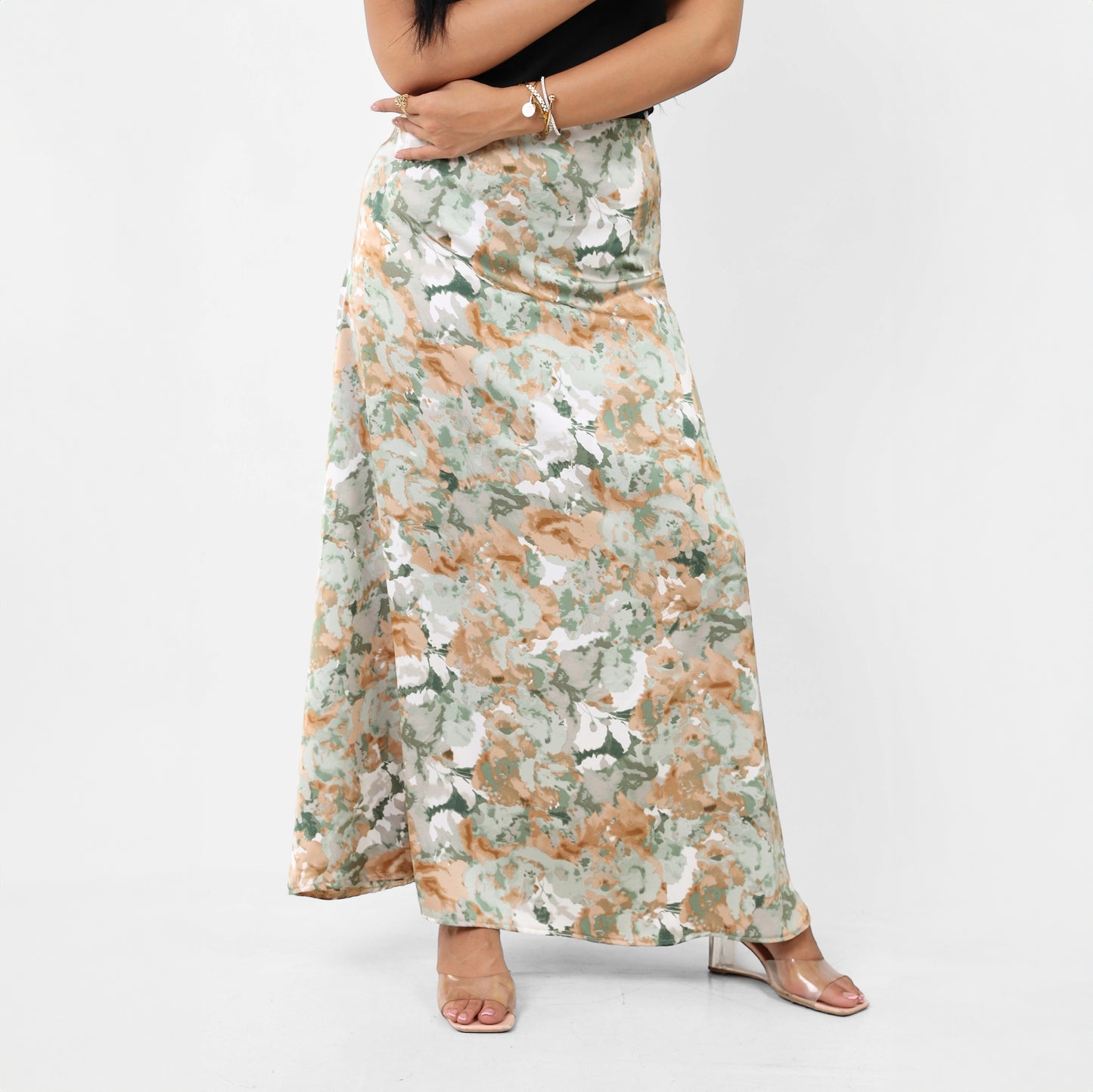 La Reine Printed Classic Satin A-Line Maxi Skirt