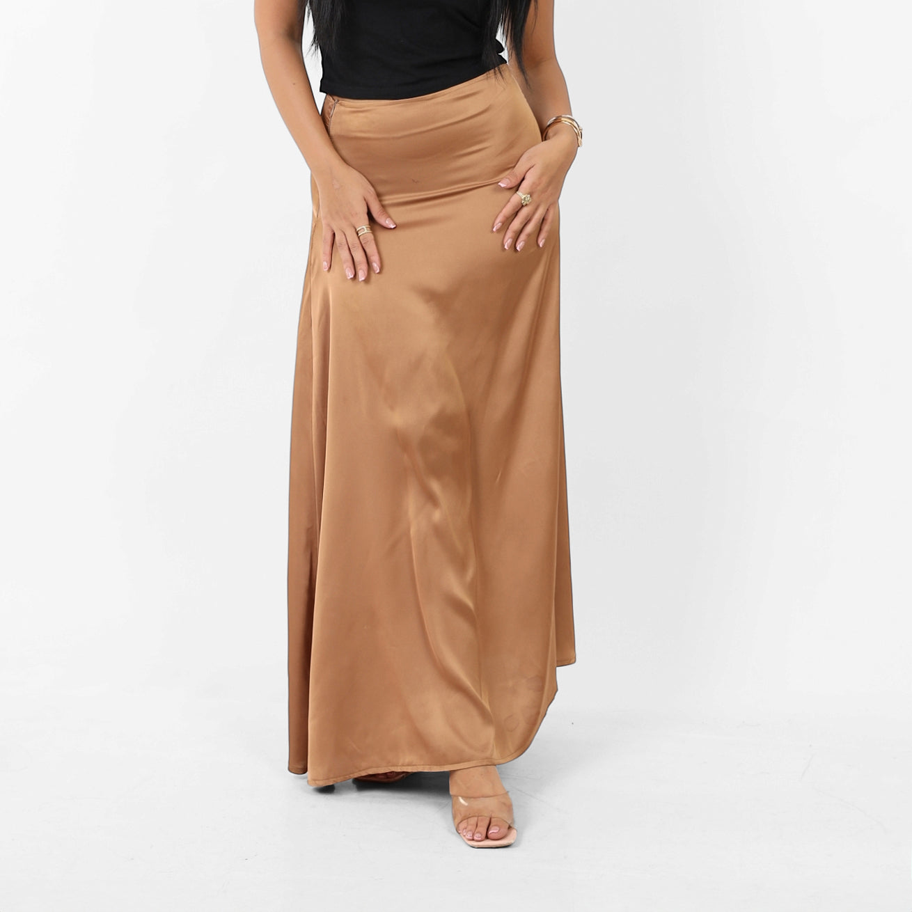 La Reine Brown Classic Satin A-Line Maxi Skirt