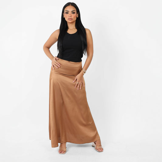 La Reine Brown Classic Satin A-Line Maxi Skirt