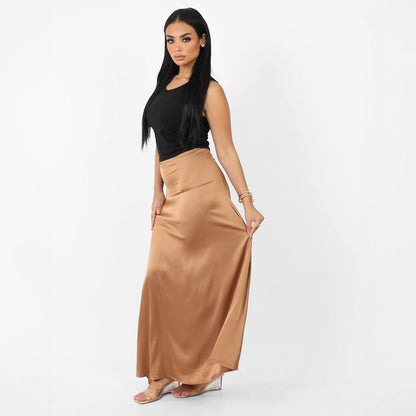 La Reine Brown Classic Satin A-Line Maxi Skirt