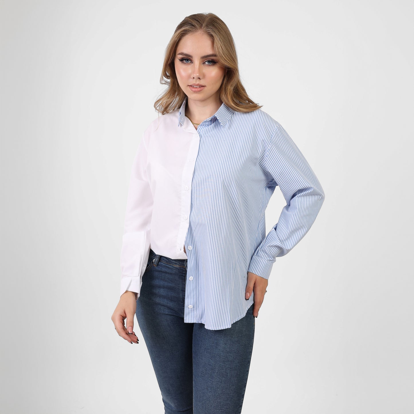 La Reine Oversize Two-Tone Long Sleeve Open Front Button Shirt