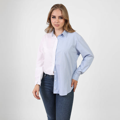 La Reine Oversize Two-Tone Long Sleeve Open Front Button Shirt