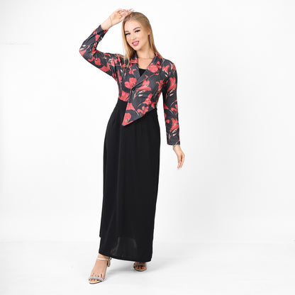 La Reine Notched Top Floral Long Sleeve A-Line Maxi Dress