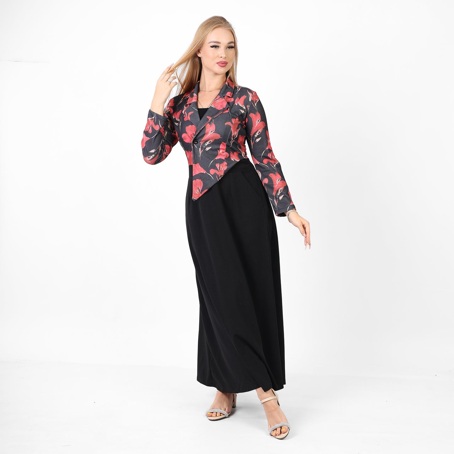 La Reine Notched Top Floral Long Sleeve A-Line Maxi Dress