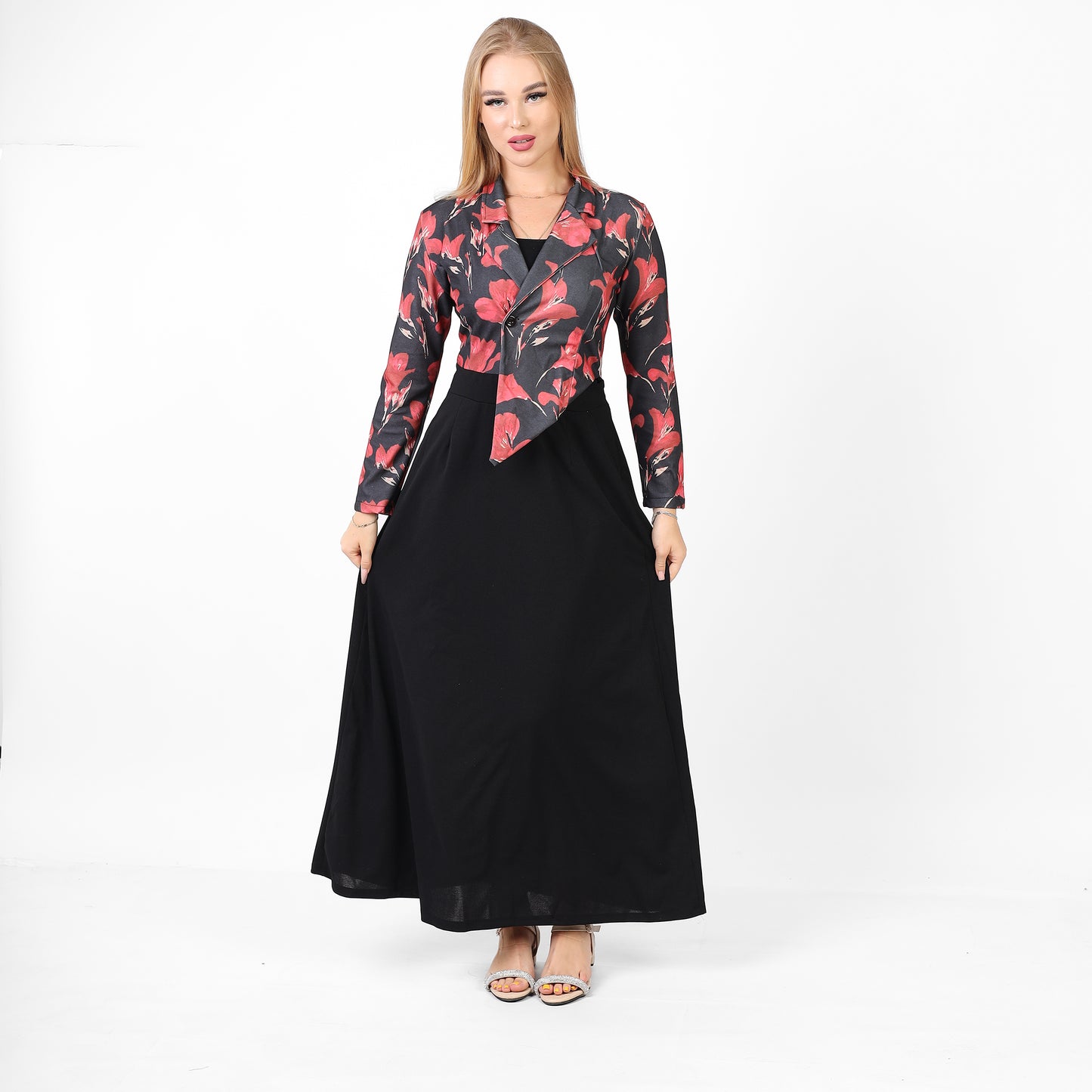 La Reine Notched Top Floral Long Sleeve A-Line Maxi Dress