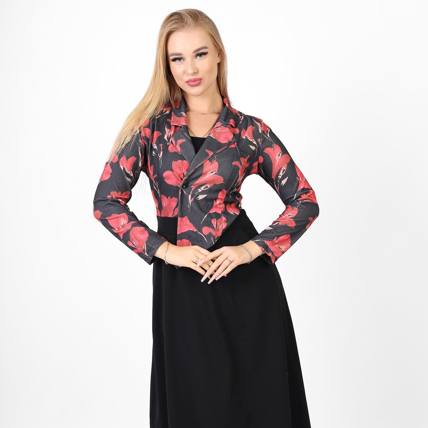 La Reine Notched Top Floral Long Sleeve A-Line Maxi Dress