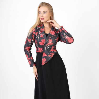 La Reine Notched Top Floral Long Sleeve A-Line Maxi Dress