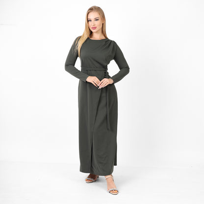 La Reine Neck Solid Long Sleeve Maxi Olive Dress With Belt