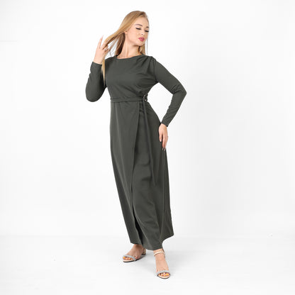 La Reine Neck Solid Long Sleeve Maxi Olive Dress With Belt