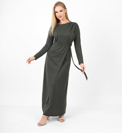 La Reine Neck Solid Long Sleeve Maxi Olive Dress With Belt