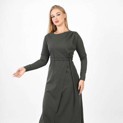 La Reine Neck Solid Long Sleeve Maxi Olive Dress With Belt