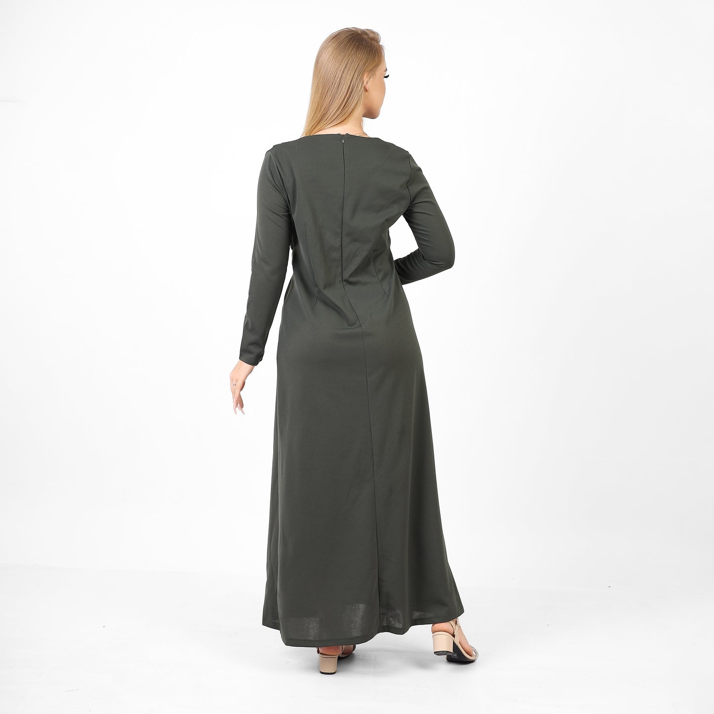 La Reine Neck Solid Long Sleeve Maxi Olive Dress With Belt