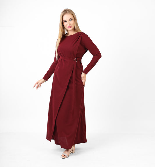 La Reine Neck Solid Long Sleeve Maxi Burgundy Dress With Belt