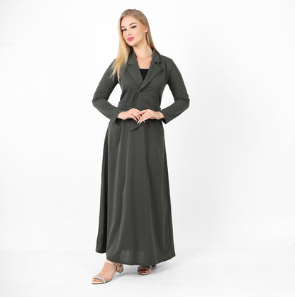 La Reine Notched Top Long Sleeve A-Line Maxi Olive Dress