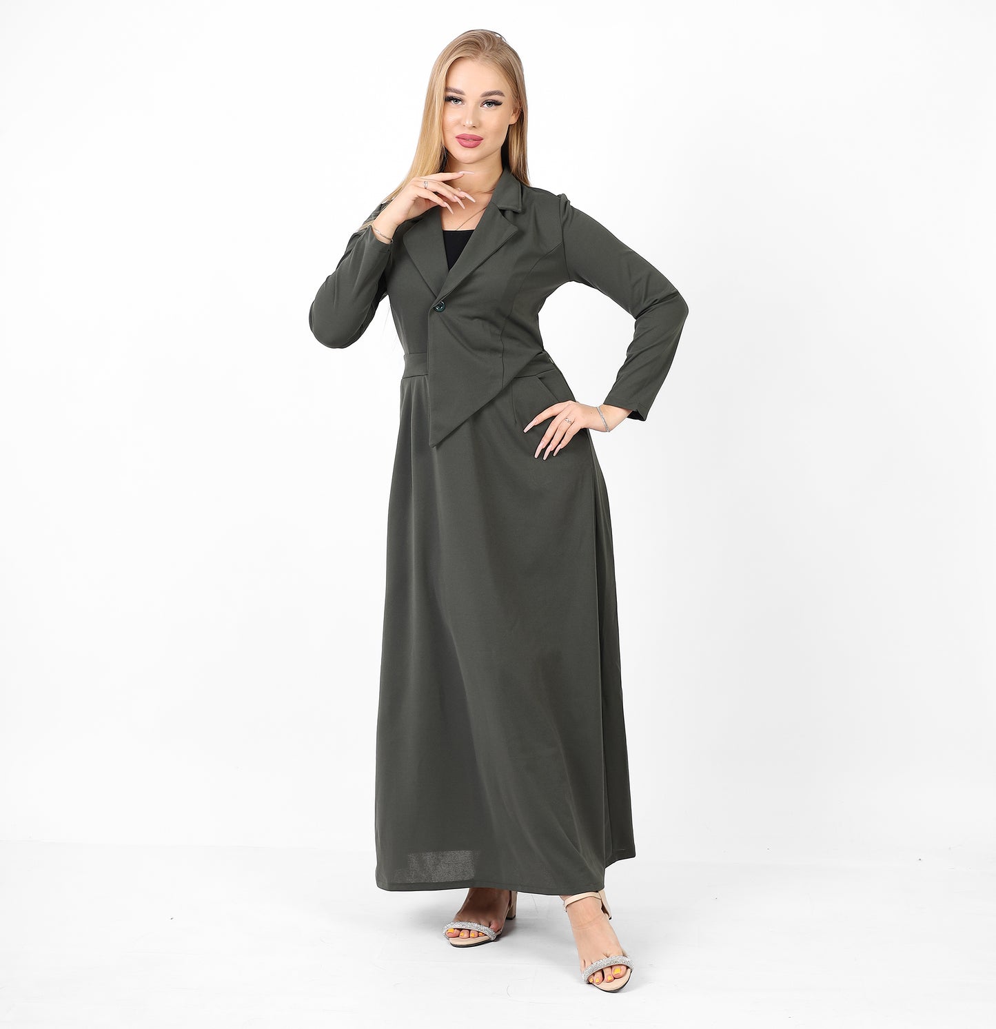 La Reine Notched Top Long Sleeve A-Line Maxi Olive Dress