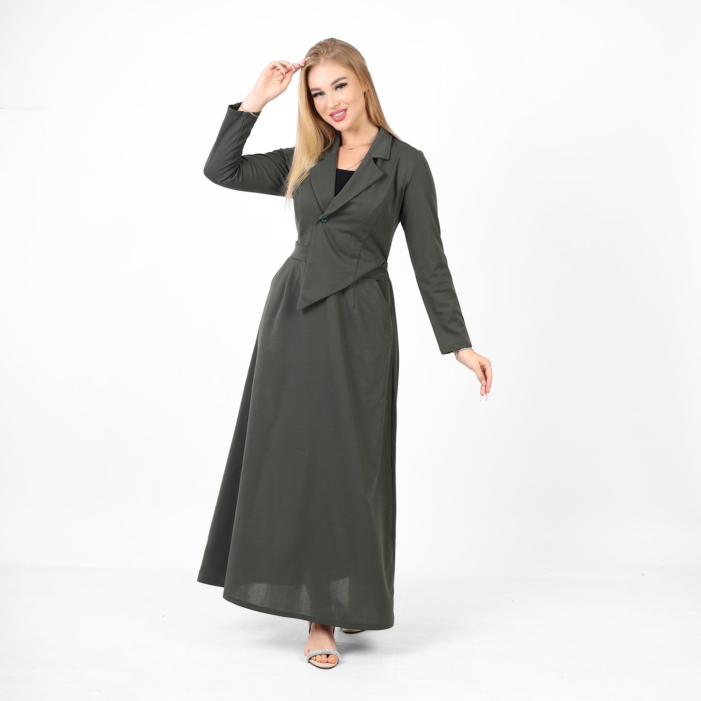 La Reine Notched Top Long Sleeve A-Line Maxi Olive Dress