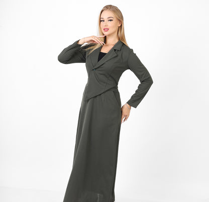 La Reine Notched Top Long Sleeve A-Line Maxi Olive Dress