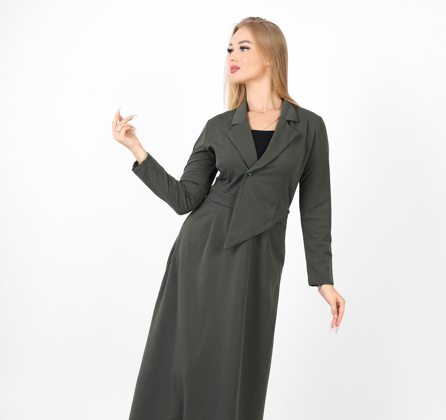 La Reine Notched Top Long Sleeve A-Line Maxi Olive Dress