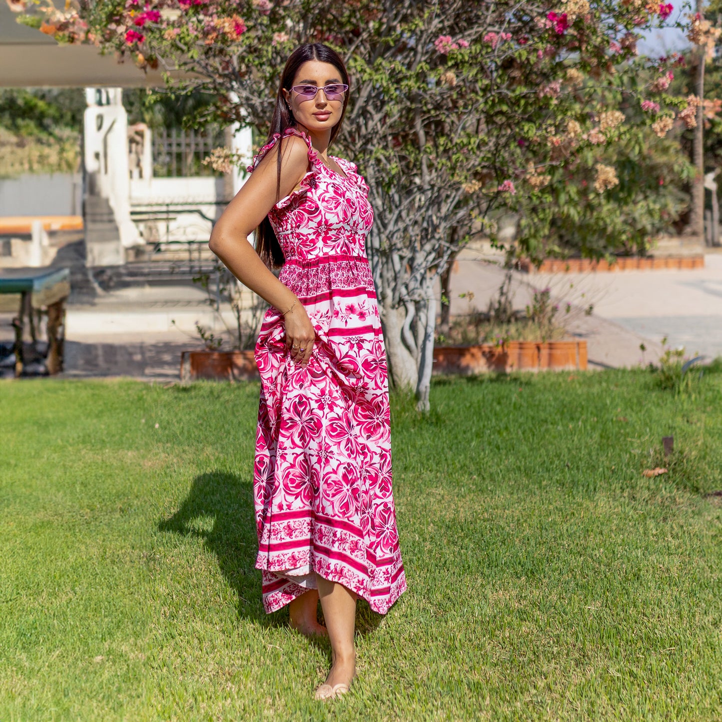 La Reine Red Majolica Floral Ruffle Maxi Dress