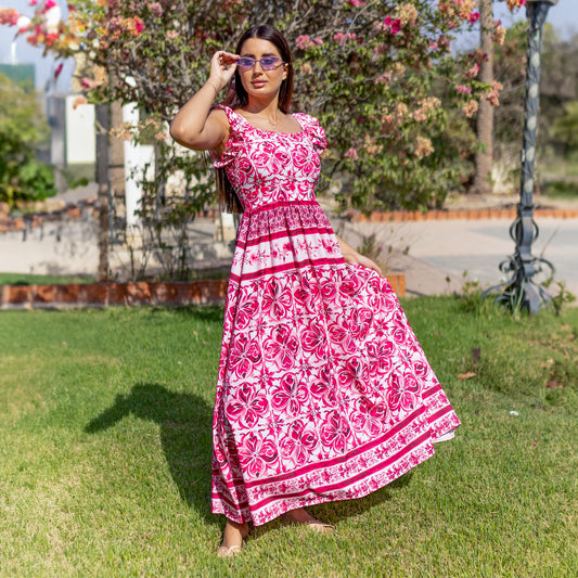La Reine Red Majolica Floral Ruffle Maxi Dress