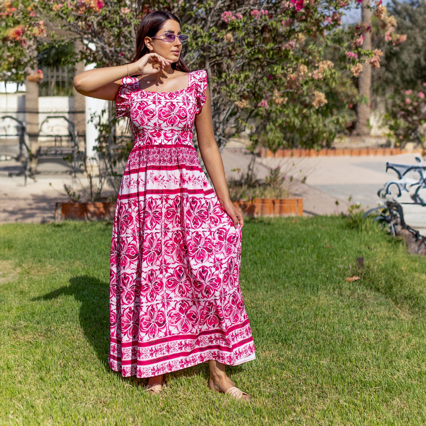La Reine Red Majolica Floral Ruffle Maxi Dress