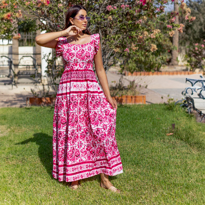 La Reine Red Majolica Floral Ruffle Maxi Dress