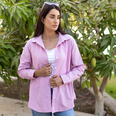 La Reine Oversize Red Striped Long Sleeve Open Front Button Shirt