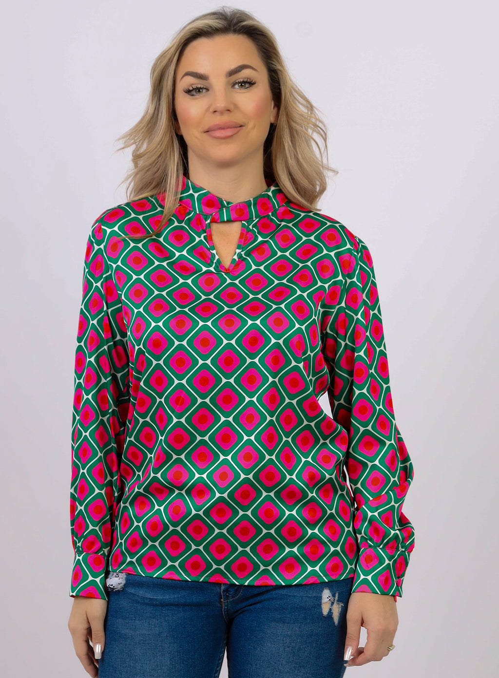 La Reine Green and Pink Block Satin Blouse