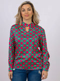 La Reine Green and Pink Block Satin Blouse