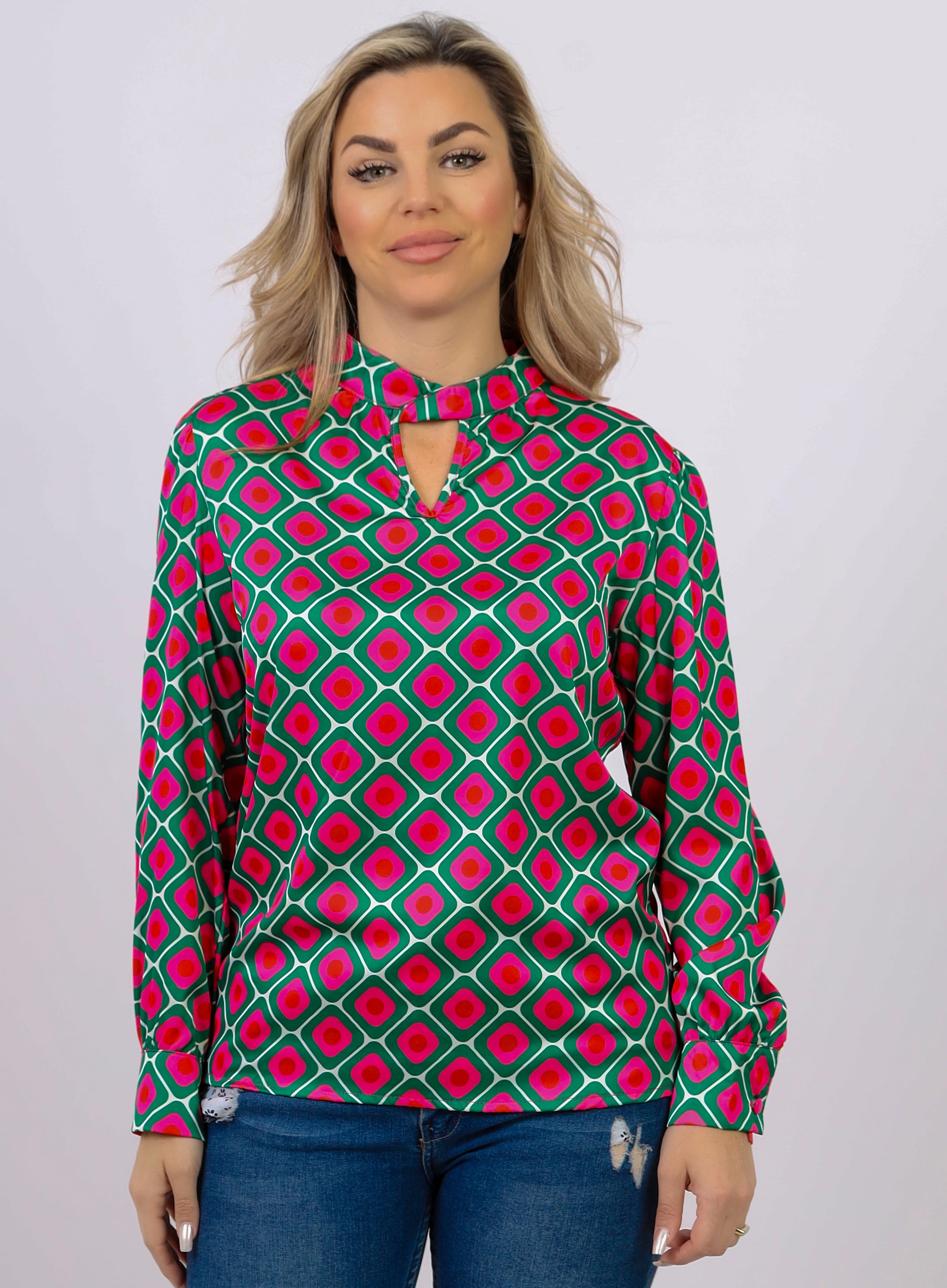 La Reine Green and Pink Block Satin Blouse