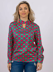 La Reine Green and Pink Block Satin Blouse