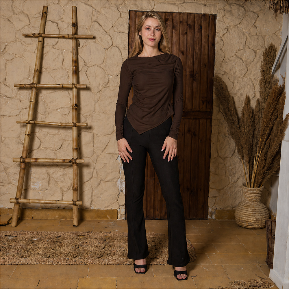 La Reine Brown Asymmetrical Neck Line Long Sleeve Cotton Basic Top