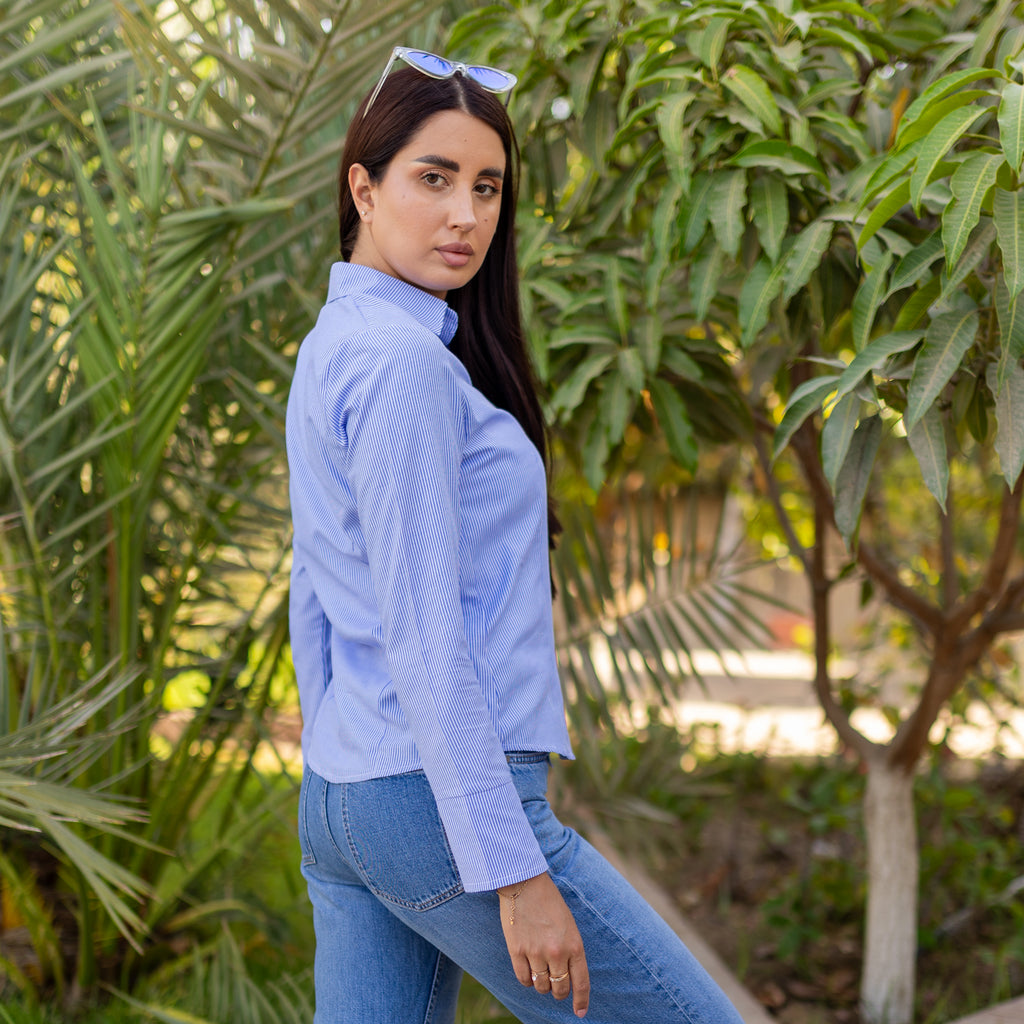 La Reine Blue Striped Slim Fit Button Down Shirt