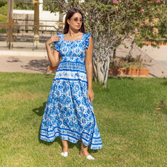 La Reine Blue Majolica Floral Ruffle Maxi Dress