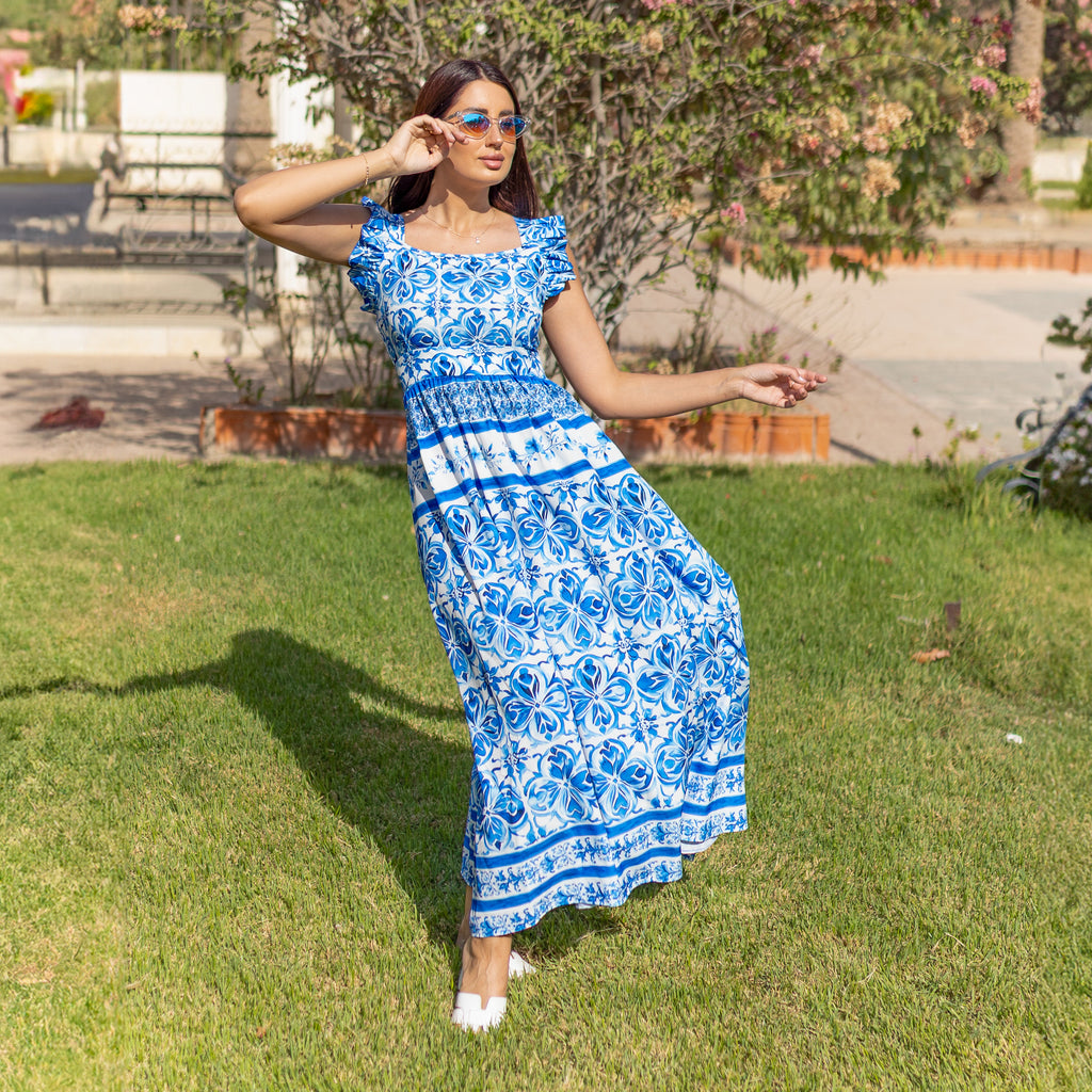 La Reine Blue Majolica Floral Ruffle Maxi Dress