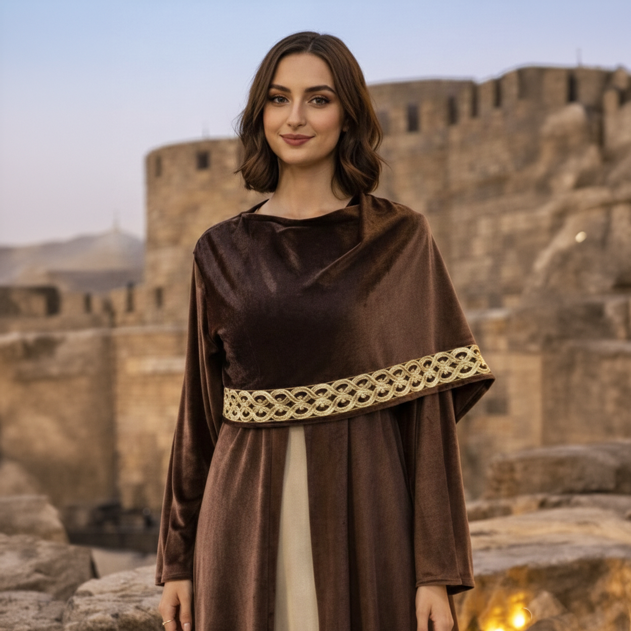 La Reine Brown Velvet Shawled Kaftan with Metallic Celtic Embroidery